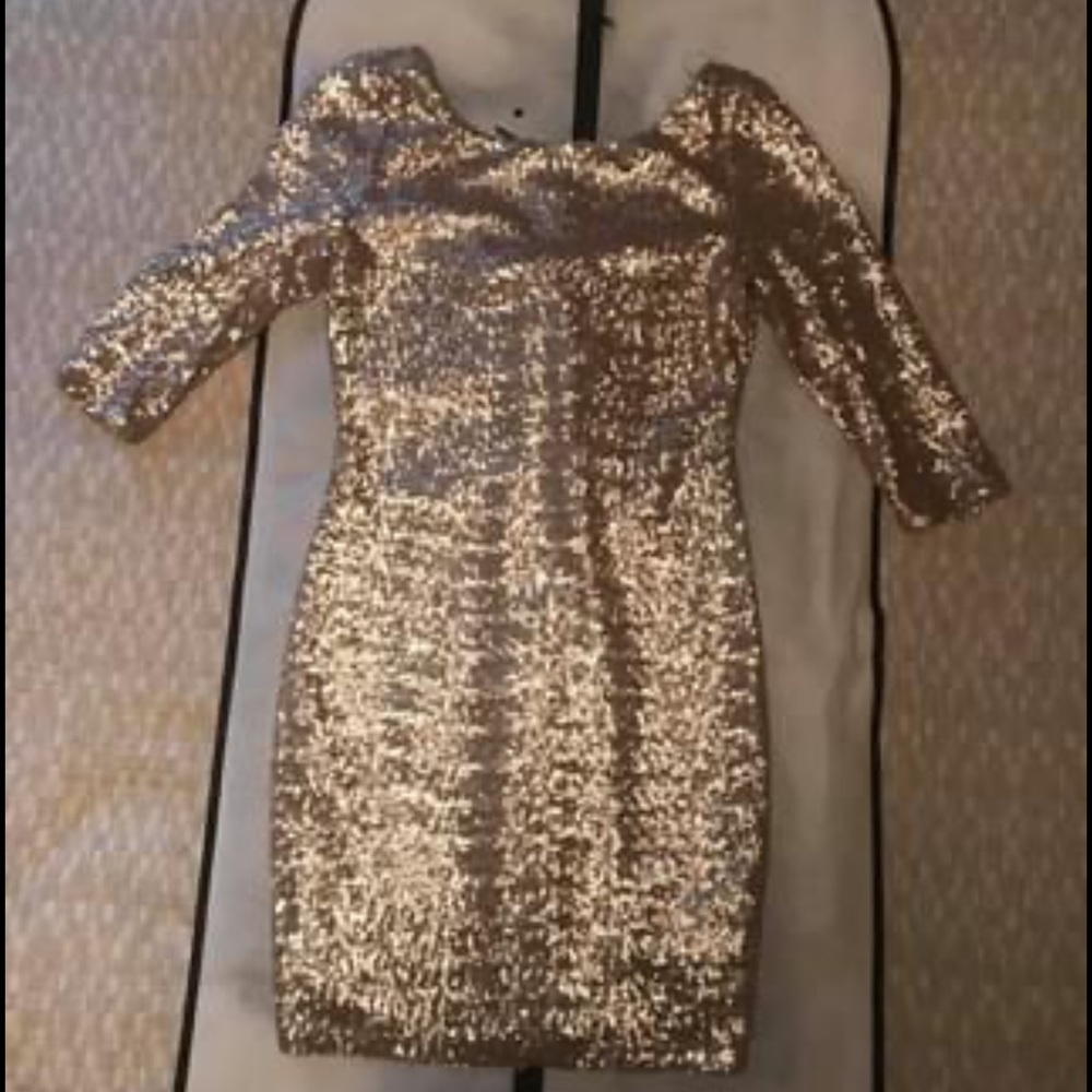 Gold sequined long sleeve, zipper backed dress
